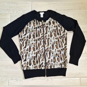 Cache Women's Full Zip Sweater Top Sequined Cheetah Print Zip Sweater Small